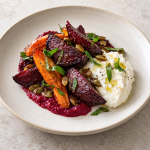 Beetroot, Lemon Ricotta and Mint - Fresh Start 30: A Journey To Better Health Roasted beetroot and carrot over beet purée, with lemon ricotta, pumpkin seeds and mint.